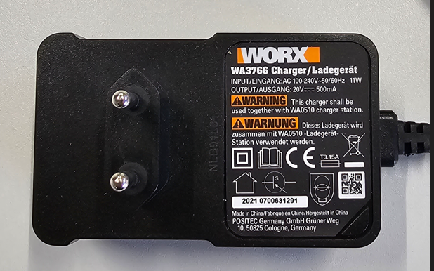 Worx Original Netzteil WA3766 (100-240V,20V,11W, CH, IT)